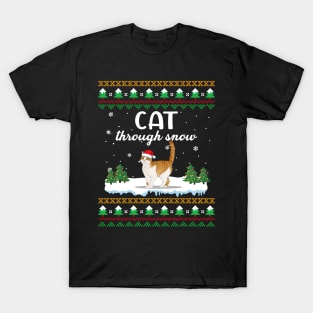 Cat Through Snow Funny Christmas Costume T-Shirt